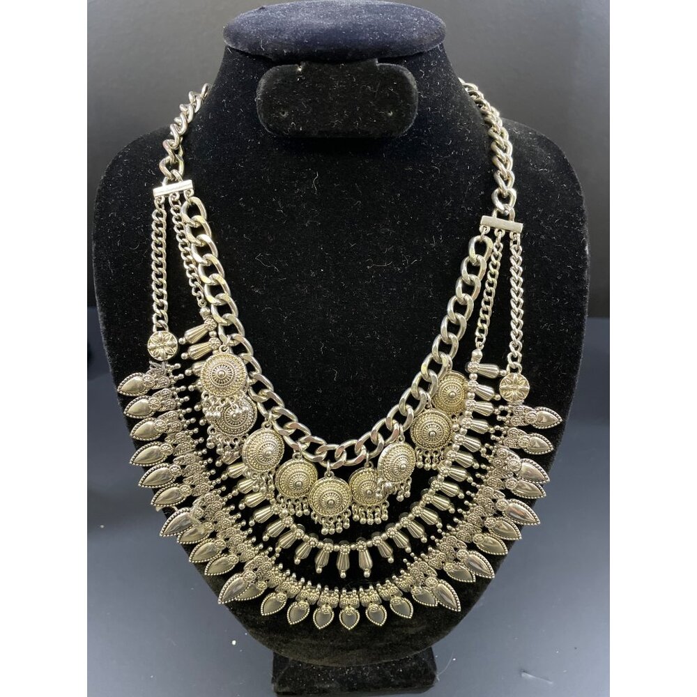 Vintage Women's Silvertone Bib Chain 3 layers Coin & Fringed Necklace SKU 5276